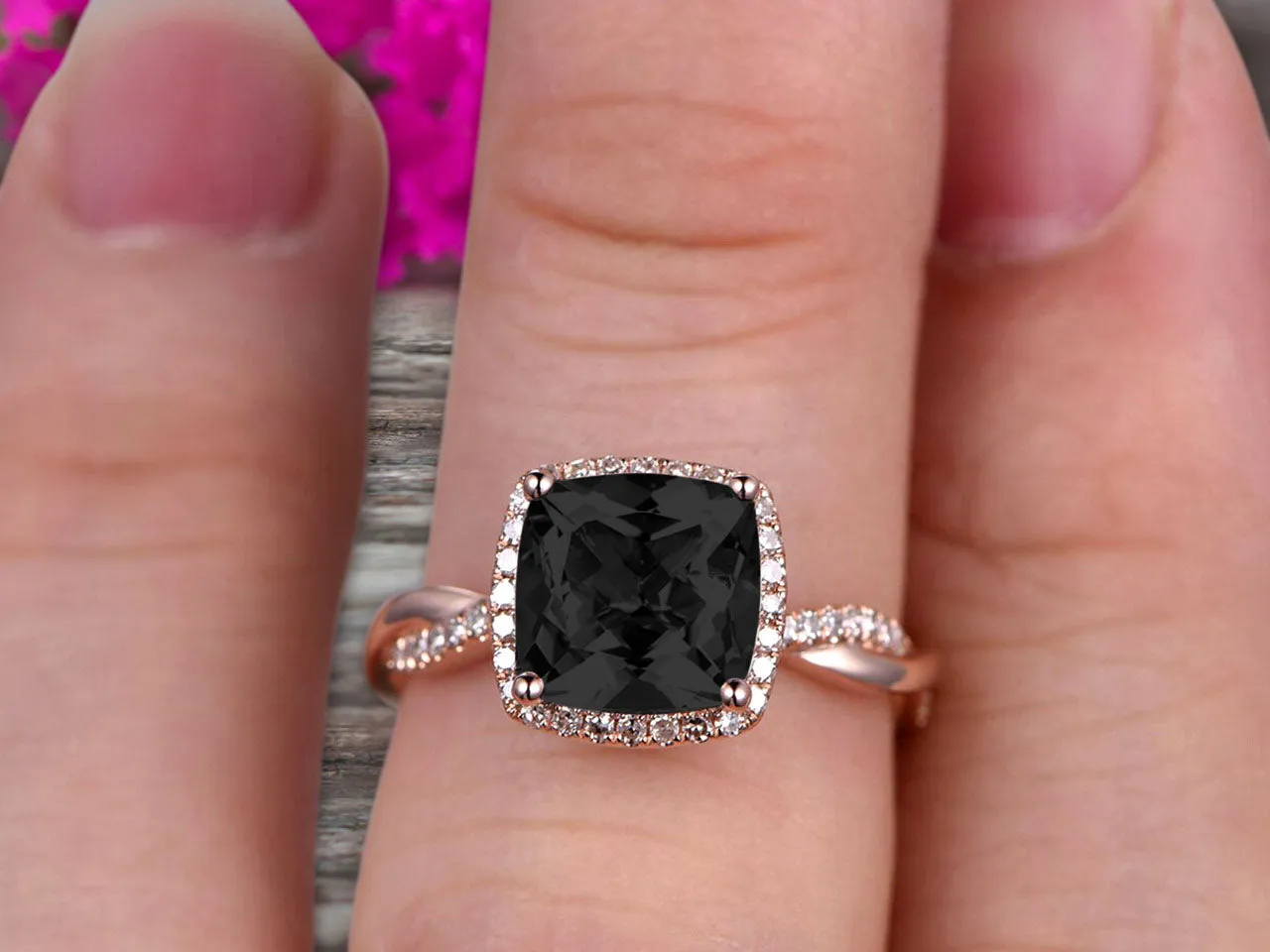 1.50 Carat Cushion Cut Black Diamond Moissanite Engagement Ring Infinity Twisted Halo Stacking Band Promise Ring 10k Rose Gold