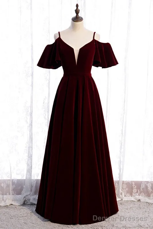 Beautiful Wine Red Velvet Off Shoulder Floor Length Party Dress, Velvet Junior Prom Dress