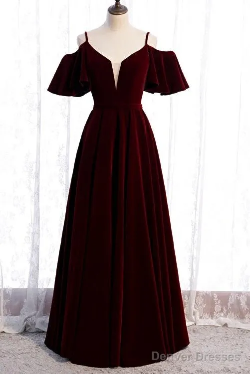 Beautiful Wine Red Velvet Off Shoulder Floor Length Party Dress, Velvet Junior Prom Dress