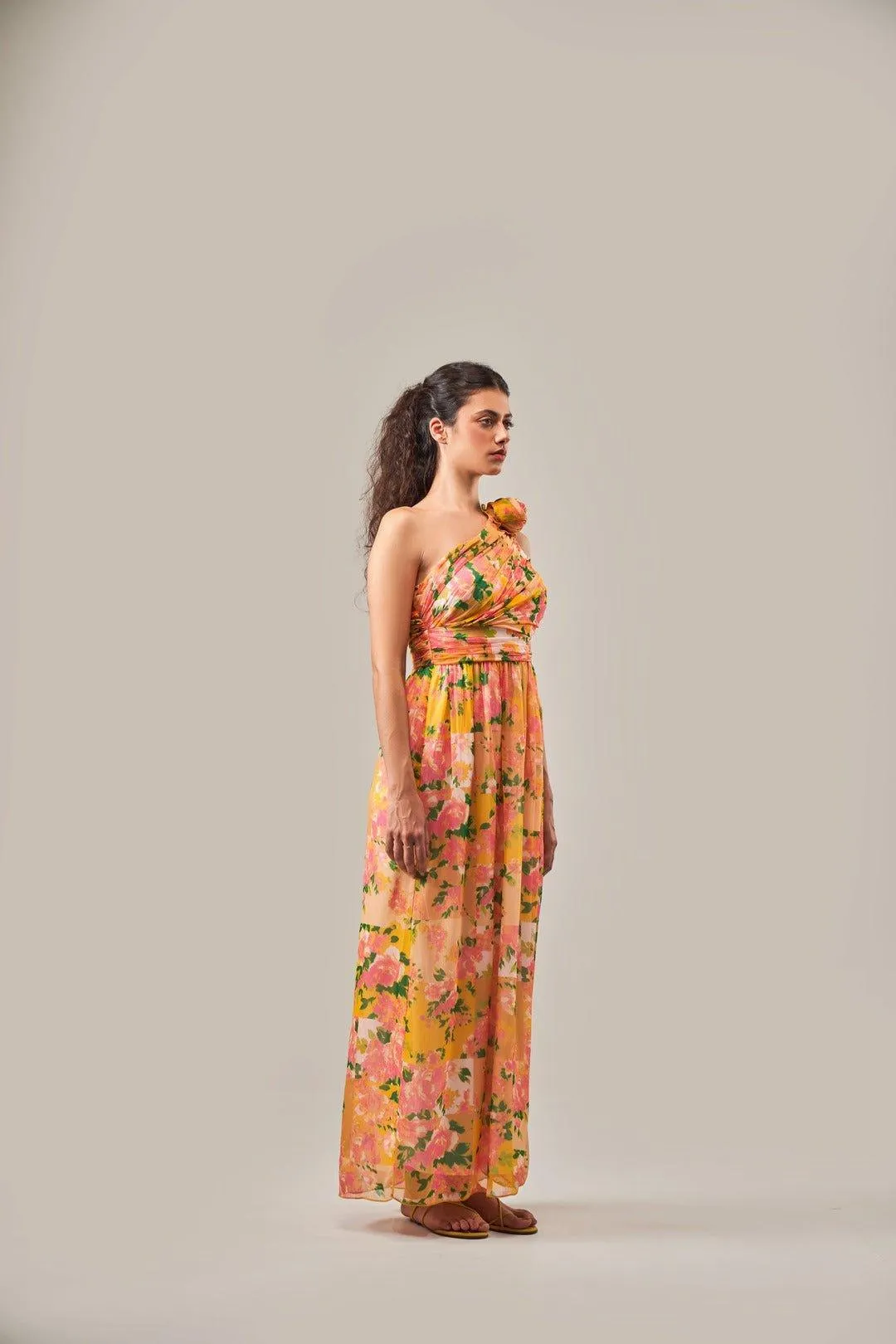 BLOOMINGDALE ROSE DETAIL ONE SHOULDER MAXI DRESS