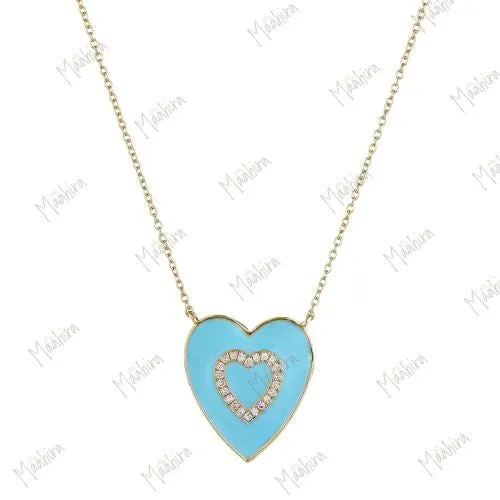Diamond Heart Turquoise Enamel Necklace