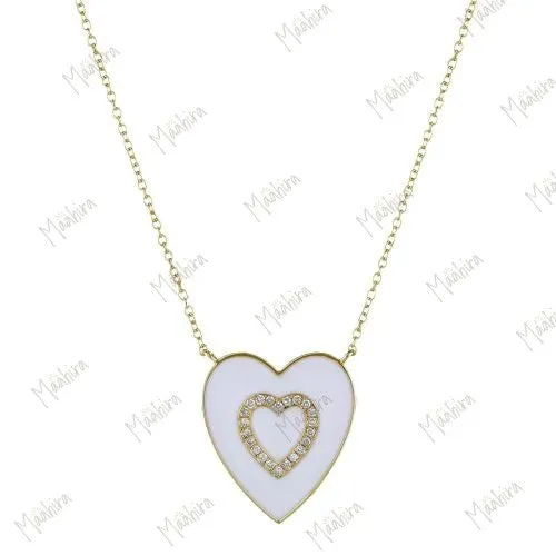 Diamond Heart White Enamel Necklace