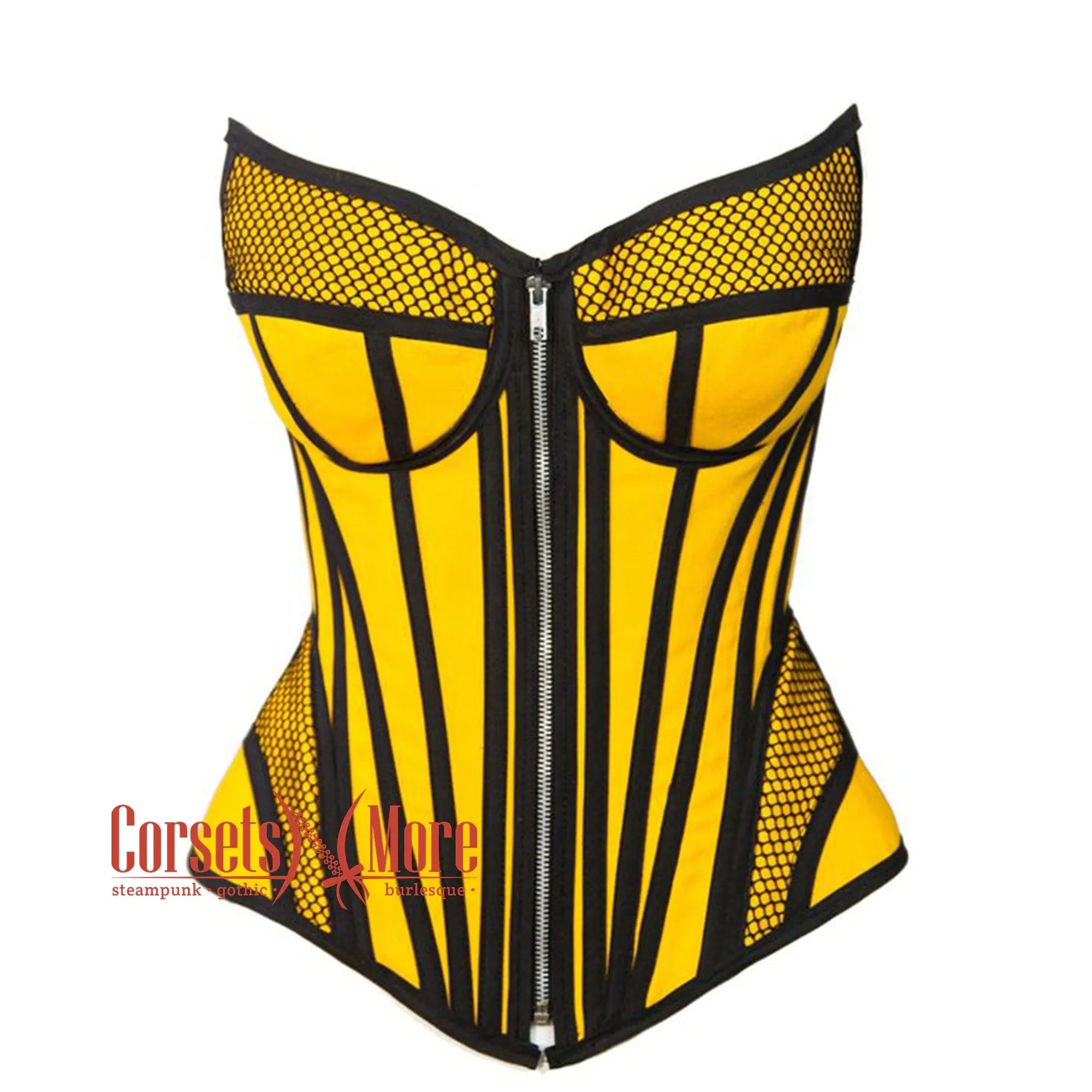 Plus Size Yellow Satin black mesh Zipper Steampunk Costume Overbust Corset