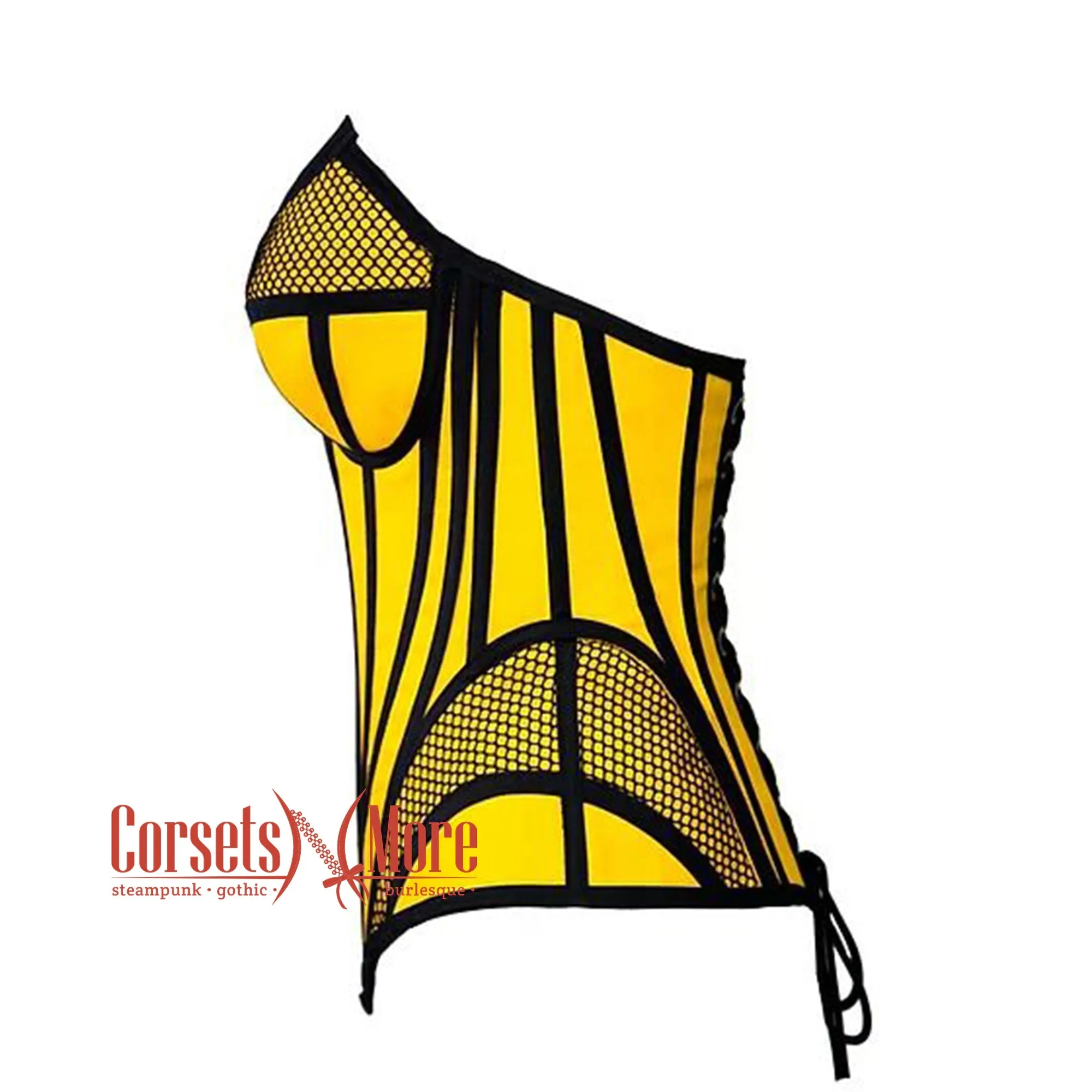 Plus Size Yellow Satin black mesh Zipper Steampunk Costume Overbust Corset