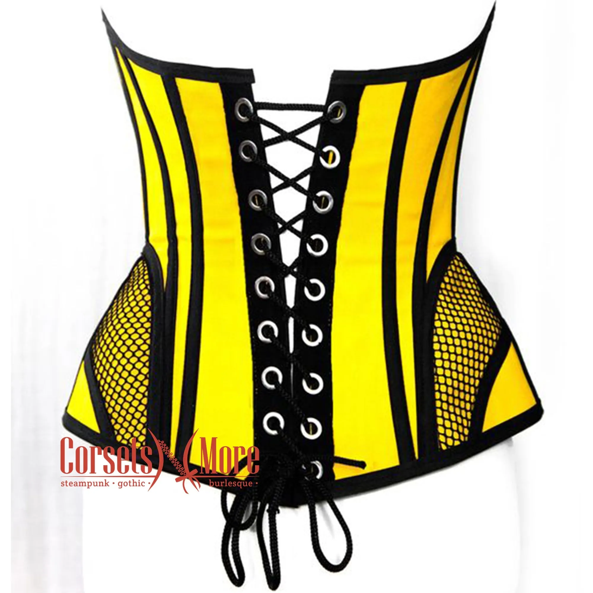 Plus Size Yellow Satin black mesh Zipper Steampunk Costume Overbust Corset