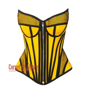 Plus Size Yellow Satin black mesh Zipper Steampunk Costume Overbust Corset