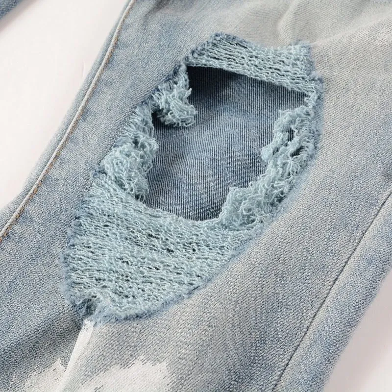 Rhinestones Fake Ripped Blue Jeans