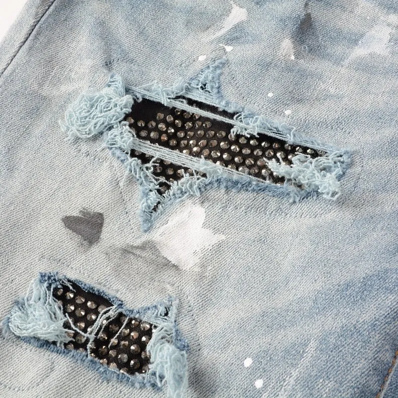 Rhinestones Fake Ripped Blue Jeans