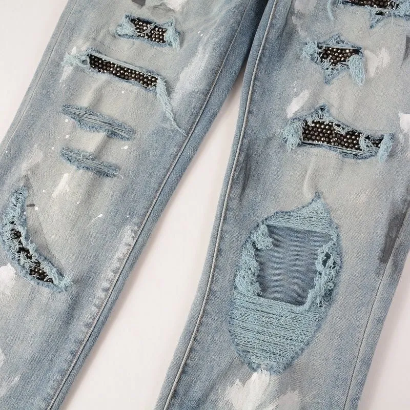 Rhinestones Fake Ripped Blue Jeans