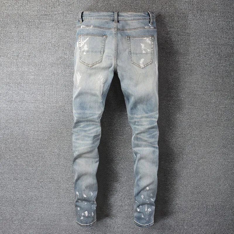 Rhinestones Fake Ripped Blue Jeans